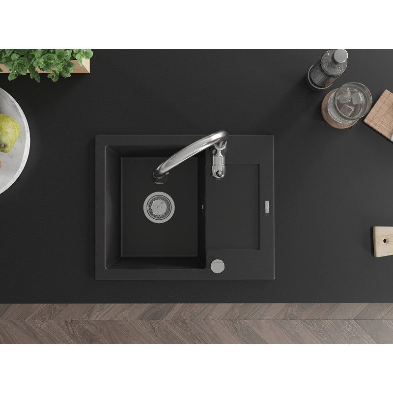 Mexen Enzo granitový drez s 1 komorou a odkvapávačom a kuchynskou batériou Savita, čierny - 6506-77-672601-00