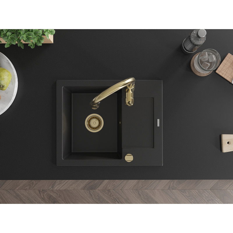 Mexen Enzo granitový kuchynský drez s 1-komorou s odkvapkávačom a kuchynskou batériou Savita, čierny - 6506-77-672601-50