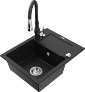 Mexen Enzo jednokomorový granitový drez s odkvapkávačom a kuchynskou batériou Savita, čierny - 6506-77-672601-70