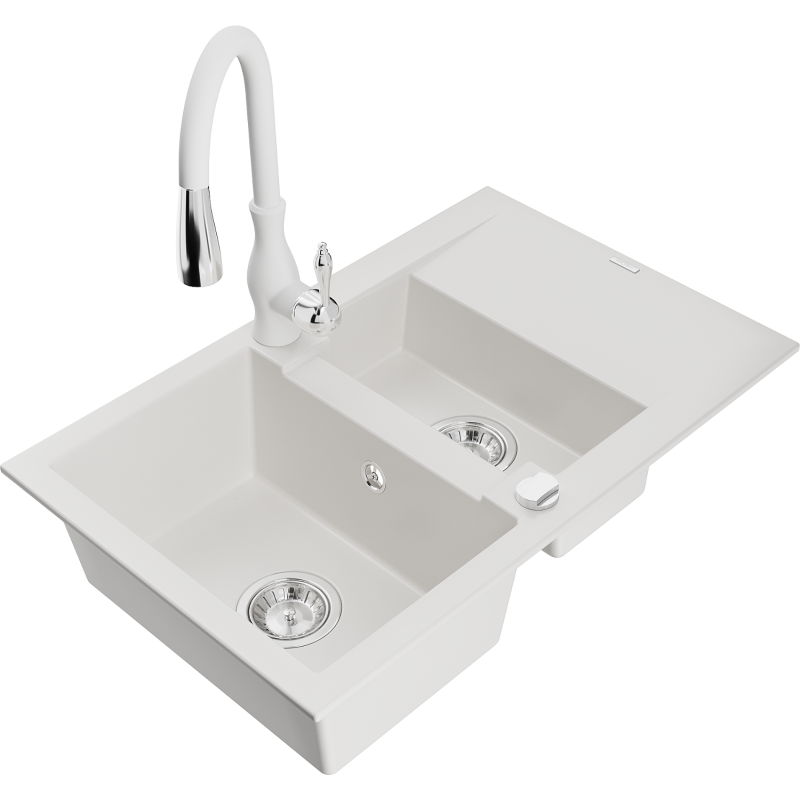 Mexen Gaspar granitový drez 1,5-komorový s odkvapkávačom a kuchynskou batériou Savita, biely - 6507-20-672601-20