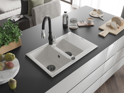 Mexen Gaspar granitový drez 1,5-komorový s odkvapkávačom a kuchynskou batériou Savita, biely - 6507-20-672601-70