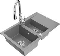 Mexen Gaspar granitový drez 1,5-komorový s odkvapkávačom a kuchynskou batériou Savita, sivý - 6507-71-672601-00