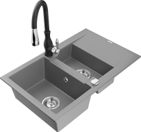Mexen Gaspar granitový kuchynský drez 1,5-komorový s odkvapkávačom a kuchynskou batériou Savita, sivý - 6507-71-672601-70