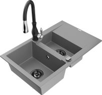 Mexen Gaspar žulový kuchynský drez 1,5-komorový s odkvapkávačom a kuchynskou batériou Savita, sivý - 6507-71-672601-70-B