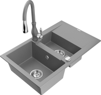 Mexen Gaspar granitový drez 1,5-komorový s odkvapkávacou plochou a kuchynskou batériou Savita, šedý - 6507-71-672601-71