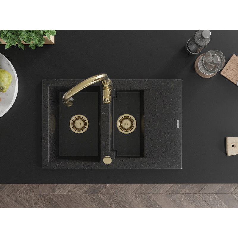 Mexen Gaspar granitový drez s 1,5 komorou s odkvapkávačom a kuchynskou batériou Savita, čierny/strieborný - 6507-73-672601-50