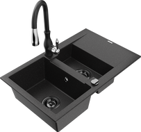 Mexen Gaspar žulový drez s 1,5 komorou s odkvapkávačom a kuchynskou batériou Savita, čierna/strieborná - 6507-73-672601-70-B