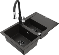 Mexen Gaspar granitový drez 1,5-komorový s odkvapkávačom a kuchynskou batériou Savita, čierny/zlatý - 6507-75-672601-70-B