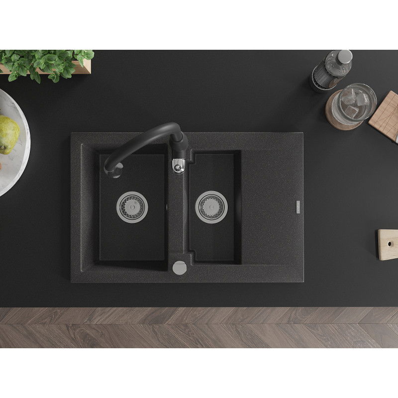 Mexen Gaspar granitový drez 1,5-komorový s odkvapkávačom a kuchynskou batériou Savita, čierny bodkovaný - 6507-76-672601-70