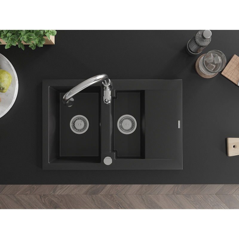 Mexen Gaspar kuchynský drez granitový 1,5-komorový s odkvapkávačom a kuchynskou batériou Savita, čierny - 6507-77-672601-00