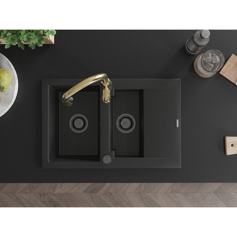 Mexen Gaspar granitový drez 1,5-komorový s odkvapkávačom a kuchynskou batériou Savita, čierny - 6507-77-672601-50-B