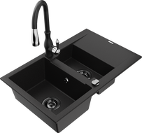Mexen Gaspar žulový drez 1,5-komorový s odkvapkávačom a kuchynskou batériou Savita, čierny - 6507-77-672601-70-B