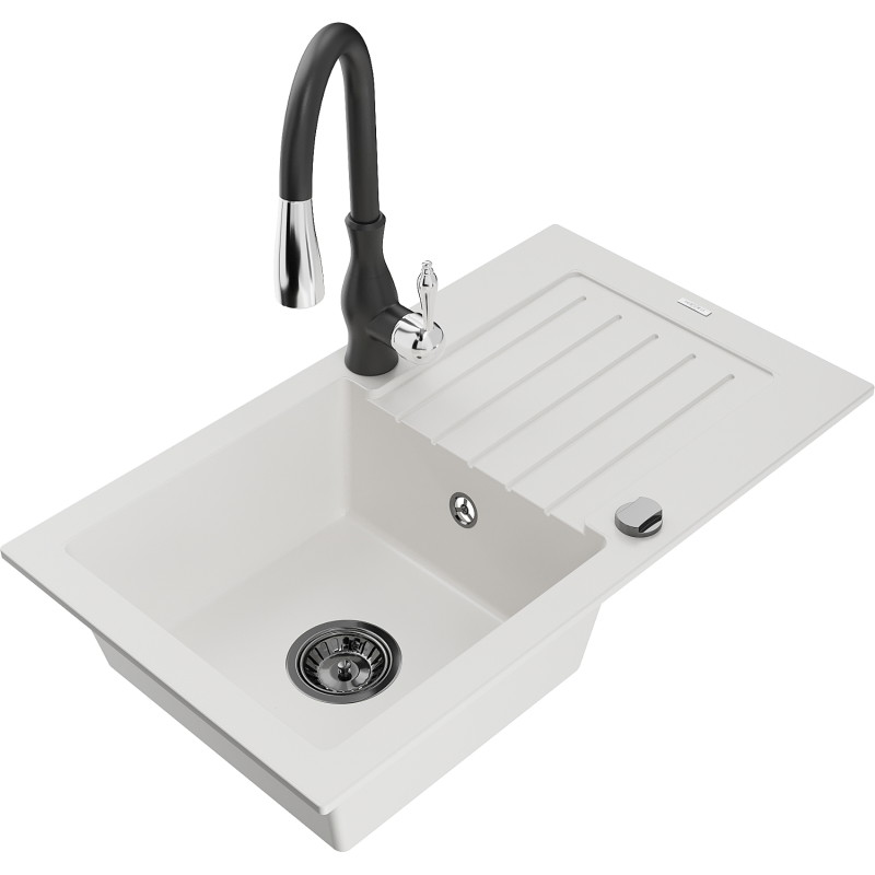 Mexen Pablo Granitový kuchynský drez 1-komorový s odkvapkávačom a kuchynskou batériou Savita, biely - 6510-20-672601-70