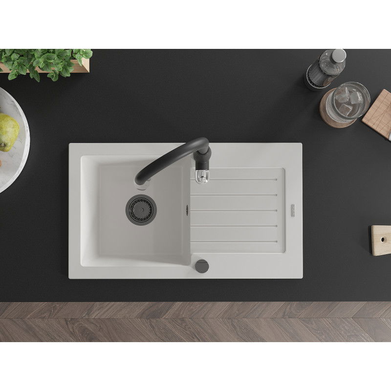 Mexen Pablo žulový drez 1-komorový s odkvapkávačom a kuchynskou batériou Savita, biely - 6510-20-672601-70