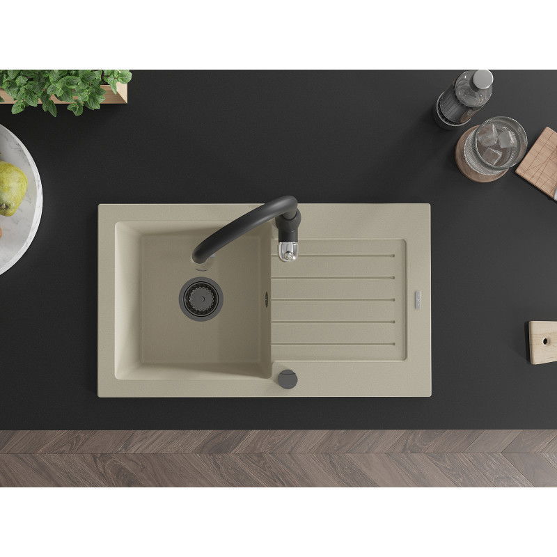 Mexen Pablo granitový kuchynský drez s jednou komorou, odkvapkávačom a kuchynskou batériou Savita, béžový