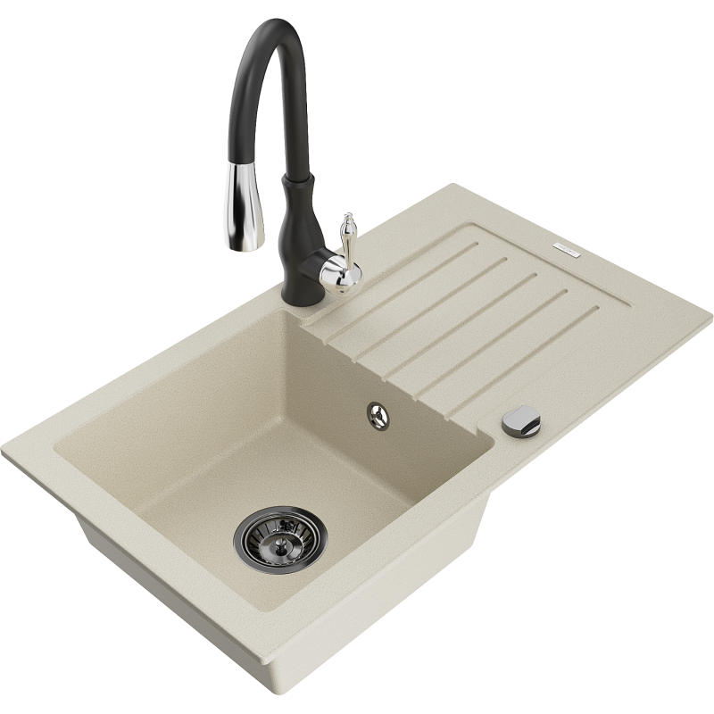 Mexen Pablo granitový kuchynský drez s jednou komorou, odkvapkávačom a kuchynskou batériou Savita, béžový