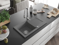 Mexen Pablo granitový kuchynský drez 1-komorový s odkvapkávacou plochou a kuchynskou batériou Savita, sivý - 6510-71-672601-00