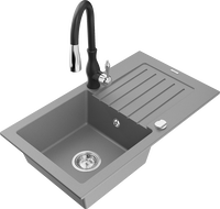 Mexen Pablo granitový drez 1-komorový s odkvapkávačom a kuchynskou batériou Savita, sivý - 6510-71-672601-70