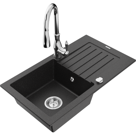 Mexen Pablo granitový jednodrez s odkvapkávačom a kuchynskou batériou Savita, čierny/strieborný metalik