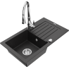 Mexen Pablo granitový jednodrez s odkvapkávačom a kuchynskou batériou Savita, čierny/strieborný metalik