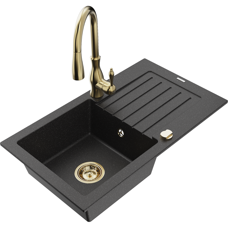 Mexen Pablo granitový drez s 1 komorou s odkvapkávačom a kuchynskou batériou Savita, čierny/strieborný metalický