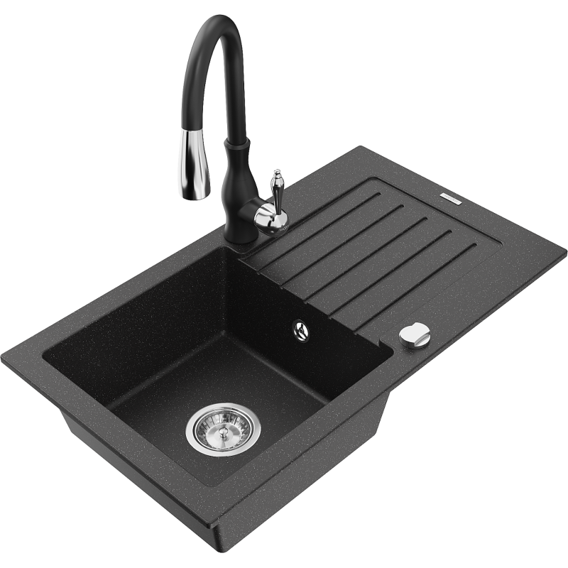 Mexen Pablo jednokomorový granitový drez s odkvapkávačom a kuchynskou batériou Savita, čierny/strieborný metalik