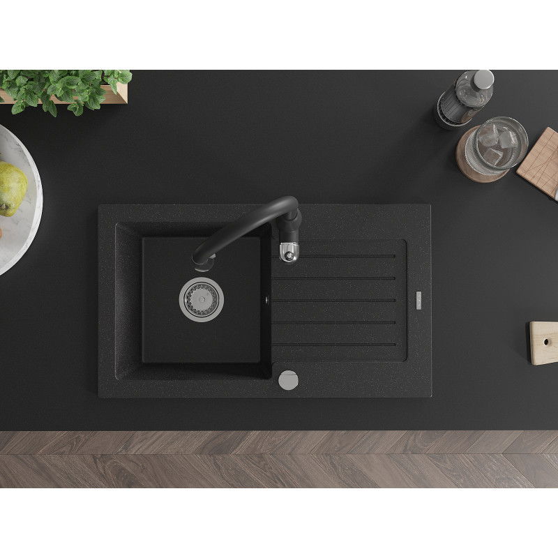 Mexen Pablo jednokomorový granitový drez s odkvapkávačom a kuchynskou batériou Savita, čierny/strieborný metalik
