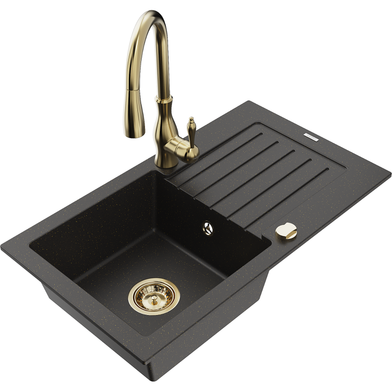 Mexen Pablo jednodrezový žulový drez s odkvapkávačom a kuchynskou batériou Savita, čierny/zlatý metalik