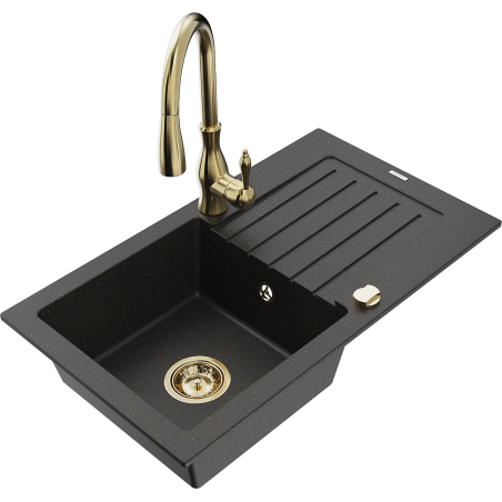 Mexen Pablo jednodrezový žulový drez s odkvapkávačom a kuchynskou batériou Savita, čierny/zlatý metalik
