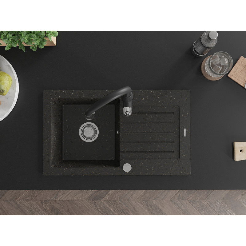 Mexen Pablo jednokomorový granitový drez s odkvapkávačom a kuchynskou batériou Savita, čierny/zlatý metalik - 6510-75-672601-70