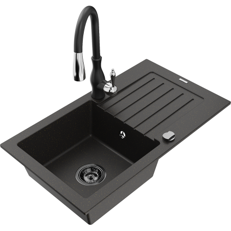 Mexen Pablo granitový kuchynský drez s odkvapkávačom a kuchynskou batériou Savita, čierny/zlatý metalik