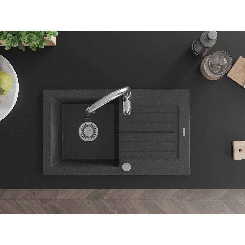Mexen Pablo granitový drez s 1 komorou s odkvapkávačom a kuchynskou batériou Savita, čierno vzorovaný - 6510-76-672601-00