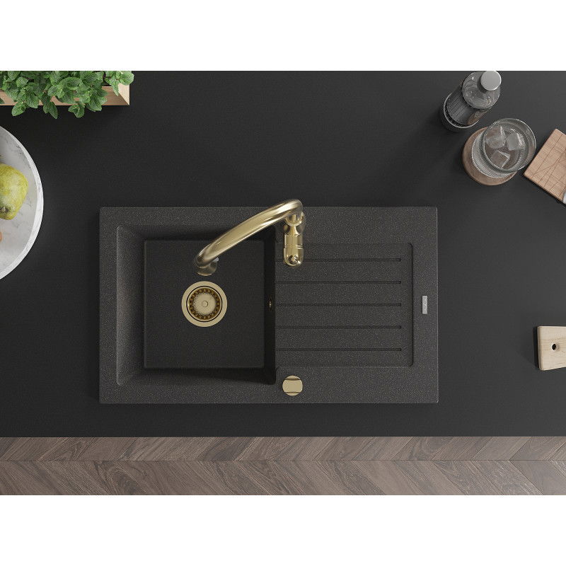 Mexen Pablo granitový drez 1-komorový s odkvapkávačom a kuchynskou batériou Savita, čierny škvrnitý - 6510-76-672601-50