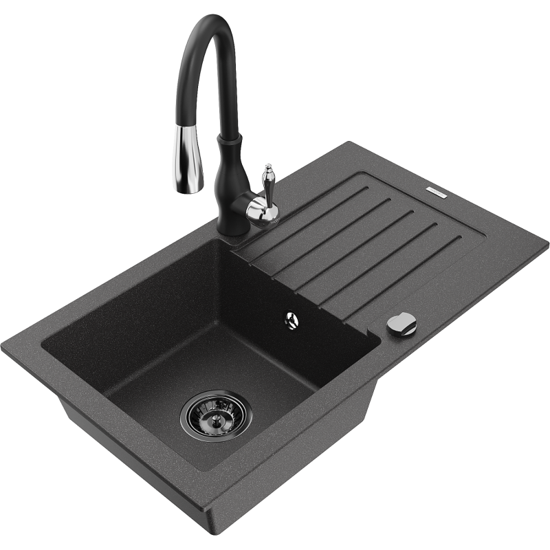 Mexen Pablo žulový drez s jednou komorou s odkvapkávačom a kuchynskou batériou Savita, čierny škvrnitý