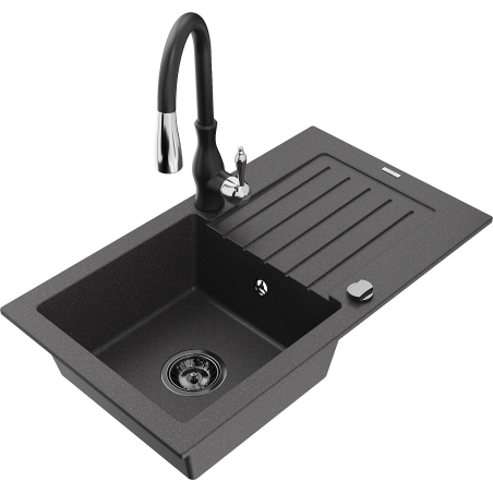 Mexen Pablo žulový drez s jednou komorou s odkvapkávačom a kuchynskou batériou Savita, čierny škvrnitý