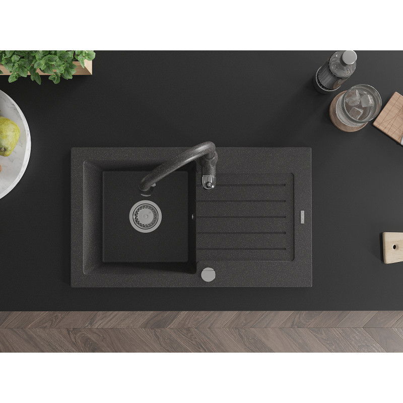 Mexen Pablo žulový kuchynský drez 1-komorový s odkvapkávačom a kuchynskou batériou Savita, čierny bodkovaný - 6510-76-672601-76