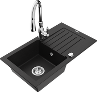 Mexen Pablo žulový kuchynský drez s 1 komorou, odkvapkávačom a kuchynskou batériou Savita, čierny - 6510-77-672601-00