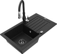 Mexen Pablo žulový kuchynský drez s 1 komorou, odkvapkávačom a kuchynskou batériou Savita, čierny - 6510-77-672601-70-B