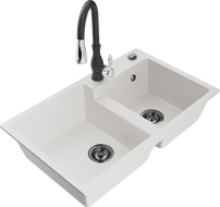 Mexen Tomas dvojkomorový granitový drez s kuchynskou batériou Savita, biely - 6516-20-672601-70