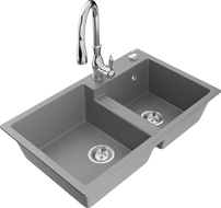 Mexen Tomas žulový drez 2-komorový s kuchynskou batériou Savita, šedý - 6516-71-672601-00