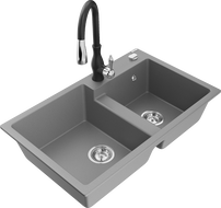 Mexen Tomas dvojkomorový granitový drez s kuchynskou batériou Savita, sivý - 6516-71-672601-70