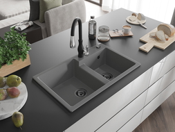 Mexen Tomas žulový drez 2-komorový s kuchynskou batériou Savita, sivý - 6516-71-672601-70-B