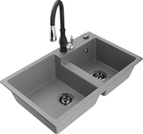 Mexen Tomas žulový drez 2-komorový s kuchynskou batériou Savita, sivý - 6516-71-672601-70-B