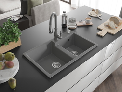 Mexen Tomas granitový drez 2-komorový s kuchynskou batériou Savita, šedý - 6516-71-672601-71
