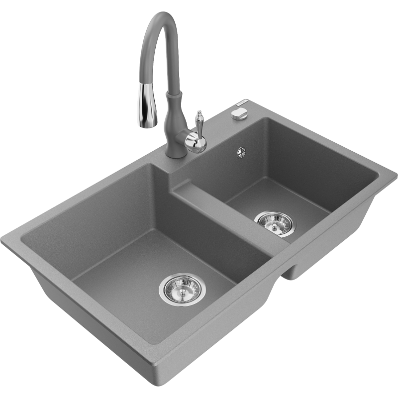 Mexen Tomas granitový drez 2-komorový s kuchynskou batériou Savita, šedý - 6516-71-672601-71
