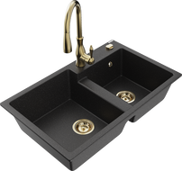 Mexen Tomas žulový drez 2-komorový s kuchynskou batériou Savita, čierny/strieborný metalický - 6516-73-672601-50