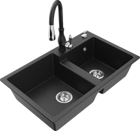 Mexen Tomas žulový drez s 2 komorami s kuchynskou batériou Savita, čierny/strieborný metalík - 6516-73-672601-70