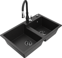 Mexen Tomas žulový drez s 2 komorami a kuchynskou batériou Savita, čierny/strieborný metalik - 6516-73-672601-70-B