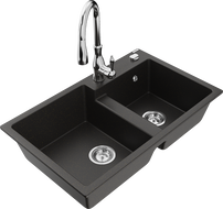 Mexen Tomas granitový 2-komorový drez s kuchynskou batériou Savita, čierny/zlatý metalický - 6516-75-672601-00