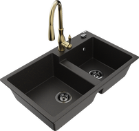 Mexen Tomas granitový drez s 2-komorami s kuchynskou batériou Savita, čierny/zlatý metalik - 6516-75-672601-50-B